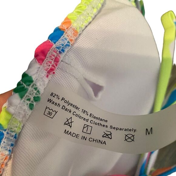 Amazon Womens M Smocked Triangle Bikini Set Rainbow Swirl Scrunch Multicolor New - Picture 7 of 7